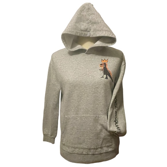 Jean-Michel Basquiat Crowned Pez Dinosaur Grey Pullover Hoodie Size 12-14 (L) - Picture 9 of 15